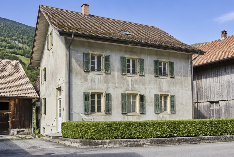 Dasselbe Haus vor dem Anstrich mit verwitterter Fassade