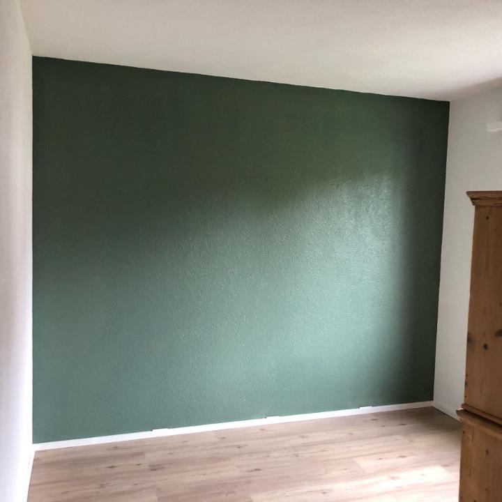Innenmalerei: satt gestrichene grüne Wand in einem Wohnraum